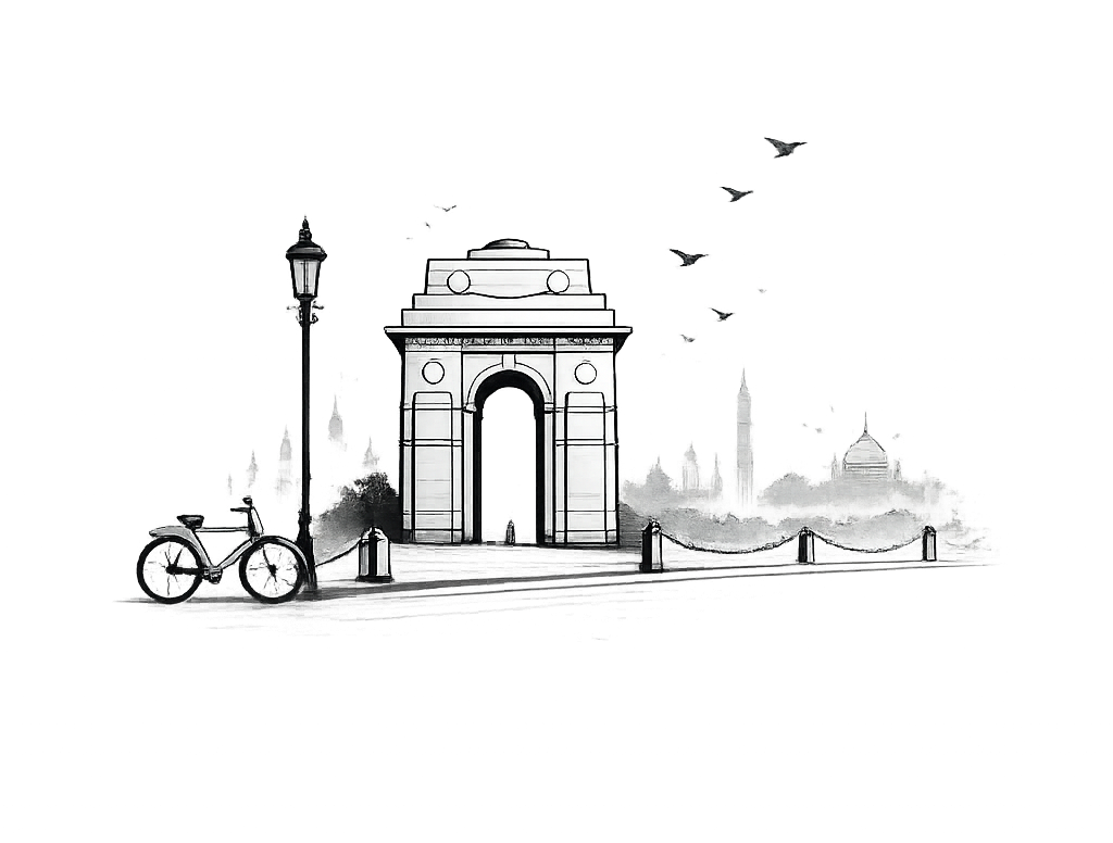 India Gate illustration with vintage bicycle and lamppost